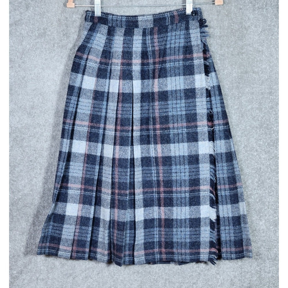 VTG Michael Stevens Wool Midi Wrap Skirt Womens Size 6 Blue Plaid Fringe‎ Trim
